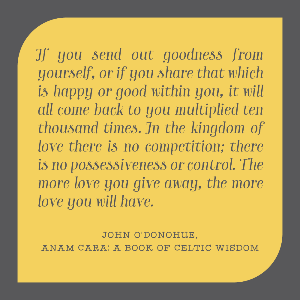 If you send out goodness from yourself, or if you share that which is happy or good within you, it will all come back to you multiplied ten thousand times. In the kingdom of love there is no competition; there is no possessiveness or control. The more love you give away, the more love you will have.  John O'Donohue,  Anam Cara: A Book of Celtic Wisdom
