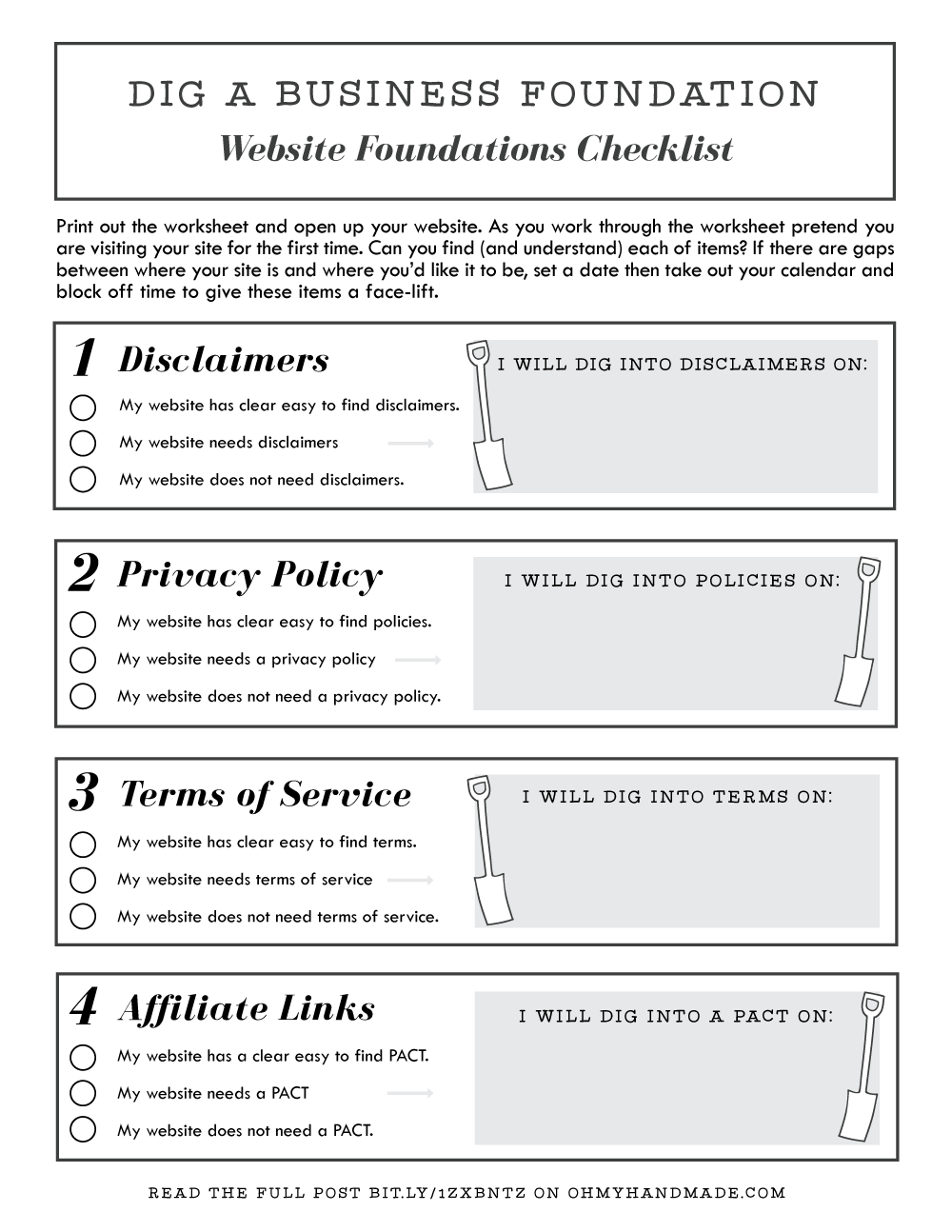 {Part 1} Dig a Business Foundation: Your Website (disclaimers, privacy policies, terms & conditions, affiliate links) on Oh My! Handmade