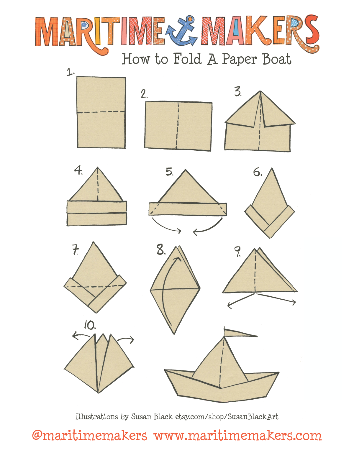 Maritime Makers, How to Fold a Paper Boat printable instructions by Susan Black Design