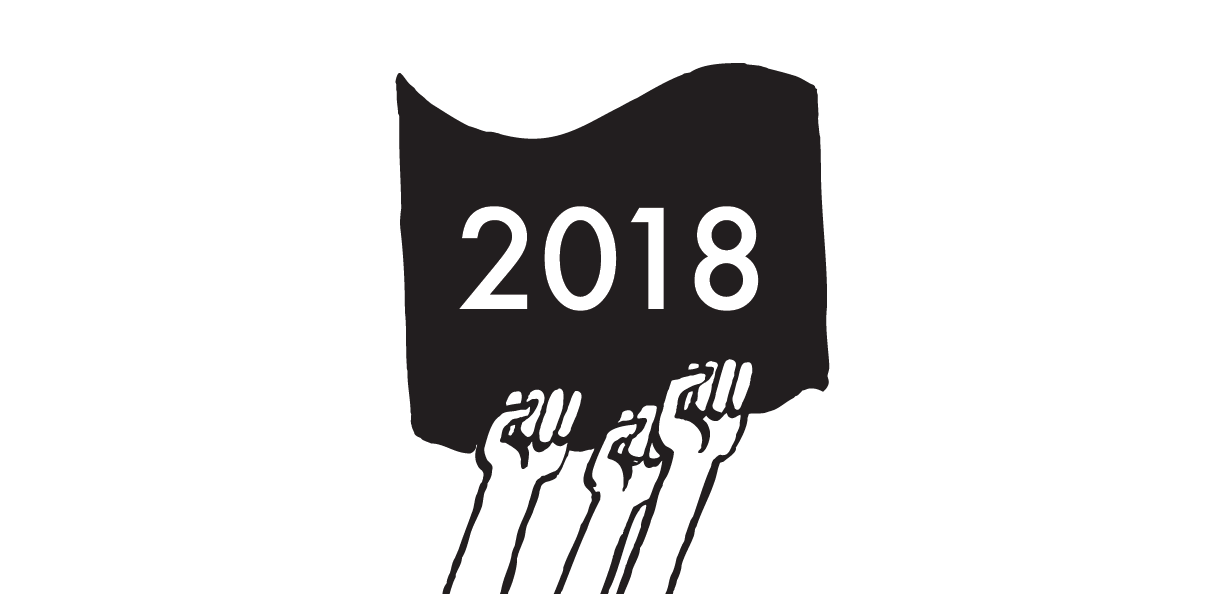New Year's Revolution, illustration of resist fists holding up 2018 banner