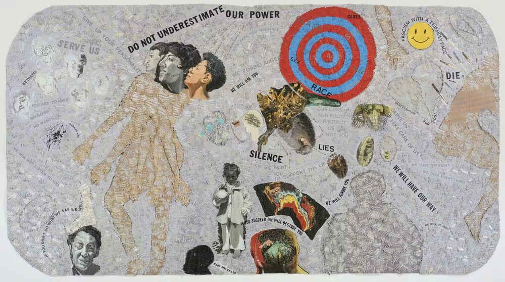 Howardena Pindell, Autobiography: Scapegoat (1990) Acrylic, tempera, oil stick, and polymer photo transfer on canvas, 76 1/2 × 139 1/2 in. (194.3 × 354.3 cm), The Studio Museum in Harlem; Museum purchase, 1994.1