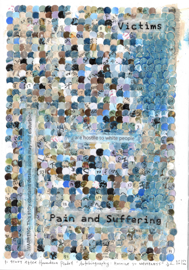 Study After Howardena Pindell, Jessika Hepburn (2026), "Autobiography: HOSTILE TO WHITENESS, mixed media 