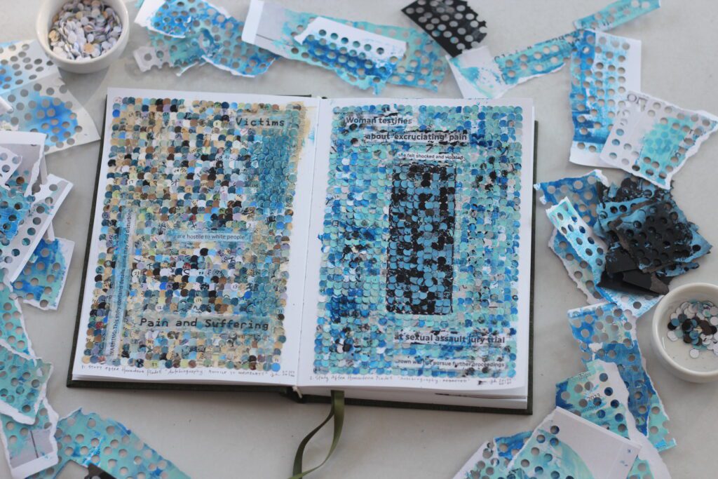 Studies After Howardena Pindell, Jessika Hepburn (2026), image of mixed media collage of cut paper circles in open journal 